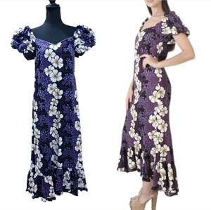 Hilo Hattie Blooming Hibiscus Shirred Sleeve Maxi Dress Y2K